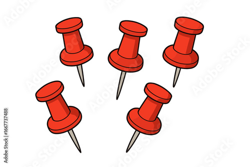 Multiple Red Push Pins Icon Set, Cartoon Style, Minimalist Vector Illustration, Office Supplies, Map Pins, Thumbtacks Collection on Transparent Background
