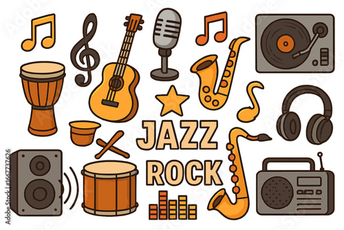 Musical icons and instruments in a creative layout showcasing diverse musical genres and audio equipment, including jazz and rock elements, vector cartoon illustration