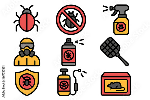 Pest control filled outline icon set. Bug, insect and rodent removal and extermination concept. Vector illustration of fumigation and disinfection service and equipment symbols.