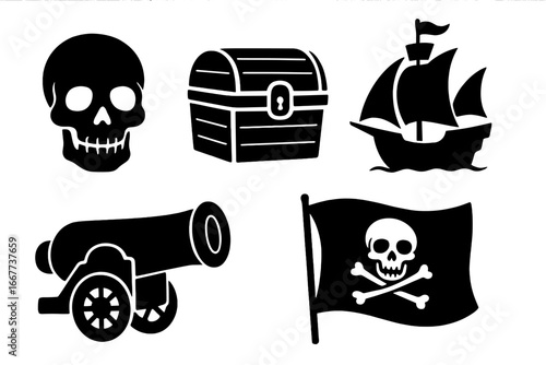 Pirate adventure icon set with skull, treasure chest, ship, cannon, and flag. Vector cartoon silhouette graphics for sea and ocean themes. Jolly Roger and buccaneer elements.