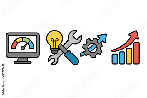Symbols representing technology, innovation, tools, and progress in a digital workspace focused on performance enhancement, productivity growth, and business success, vector cartoon illustration