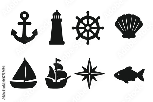 Nautical silhouette icon set with anchor, lighthouse, ship wheel, shell, sailboats, compass, and fish marine symbols collection in vector cartoon style on transparent background