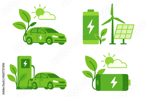 Green transport and sustainable energy vector icon set. Electric car at charging station with wind turbine and solar panel. Renewable power and battery technology illustration.