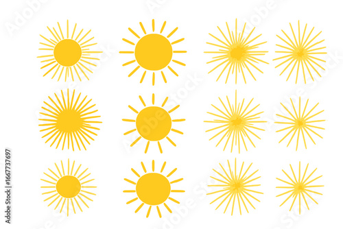 Sunburst icons vector set with sun explosion rays and sunrays, cartoon style sunburst sun rays collection, bright solar flare elements with transparent background, ordered design set 1