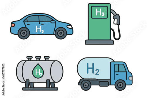 Hydrogen fuel solutions for vehicles. H2 car, refueling station pump, storage tank & tanker truck icons. Green energy, zero emission & alternative fuel concept illustration set.