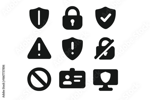 Security solid icon set. Protection, safety and defense glyph symbols. Cybersecurity, data privacy, access control, warning and authentication vector signs for web and apps.