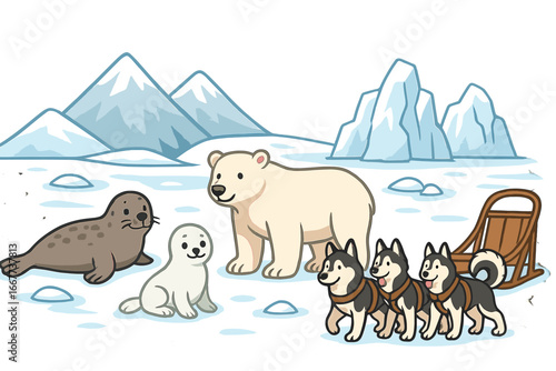 Polar wildlife with seals, polar bears, husky sled dogs in snowy icy landscape with mountains and ice formations, cartoon vector illustration on transparent background