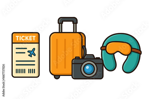 Travel essentials including airplane tickets, orange suitcase, camera, eye mask, and neck pillow for comfortable journeys, cartoon style vector illustration on transparent background, ordered set