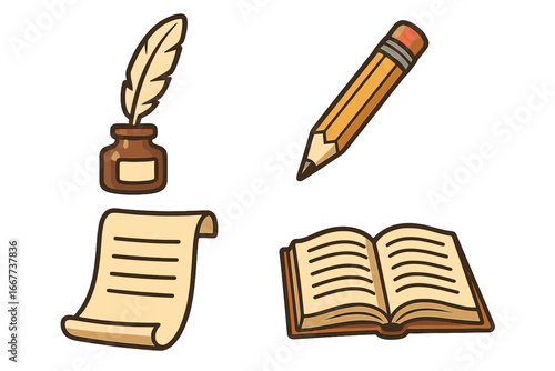 Classic writing and reading icon set. Vector cartoon illustrations of a quill pen, inkwell, pencil, parchment scroll, and open book for education, literature and history.