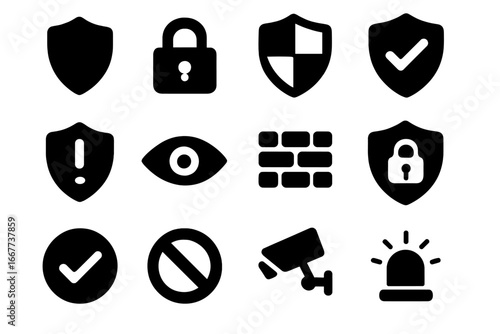 Vector security glyph icon set. Safety and protection symbols. Shield, padlock, firewall, cctv, alarm, and eye icons for data privacy, defense system and cybersecurity design.