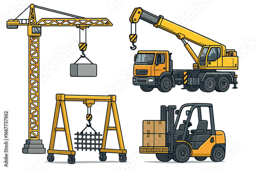 Construction machinery set for heavy lifting. Vector cartoon illustration of tower crane, mobile crane truck, gantry crane, and forklift. Industrial equipment icons.