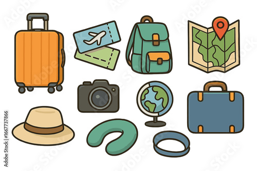 Travel icons representing essential journey items including luggage, airline tickets, backpack, map, camera, globe, hat, neck pillow, and suitcase in cartoon style vector illustration