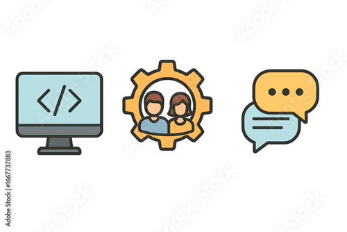 Coding, teamwork, communication icon set. Metaphor software development. Concept collaboration, business workflow. Digital workspace. Project management strategy. Vector icons.