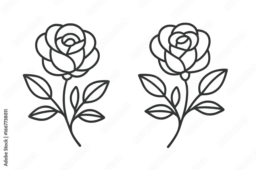 Obraz premium Minimalistic Line Art Roses with Leaves, Elegant Simple Floral Outlines for Design Projects, Vector Cartoon Illustration on Transparent Background, Set of 2