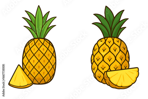 Set of two pineapple vector illustrations with slices. Cartoon style tropical exotic fruit for summer design. Fresh, sweet, healthy food concept. Juice or cocktail ingredient.