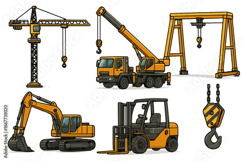 Set of construction machinery. Heavy equipment vehicles. Industrial crane, excavator, forklift, and truck. Vector cartoon illustration for building and transportation.