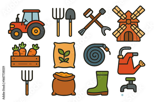 Unique colorful collection of farm and gardening vector icons featuring tractors, garden tools, water hoses, windmills, boots, seeds, fertilizer sacks, and vegetable crates in cartoon style