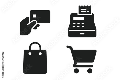 Shopping and retail solid icon set. Transaction, checkout, bag, and cart symbols. Vector collection for e-commerce, payment, purchase, and consumerism concepts. Store glyph.