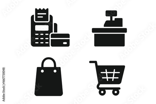 Shopping and retail solid glyph icon set. E-commerce symbols for online store and payment. Vector illustration of transaction, checkout, bag, cart, POS terminal, cash register.