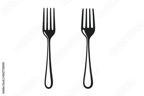 Two distinct fork designs showcasing simplicity and elegance in kitchen utensils with vector cartoon style, minimalistic cutlery illustration on transparent background, ordered set