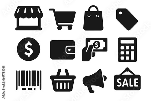 Shopping solid icon set for e-commerce and retail. Vector graphic collection with store, cart, basket, sale tag, payment, money, wallet, barcode, and marketing symbols.