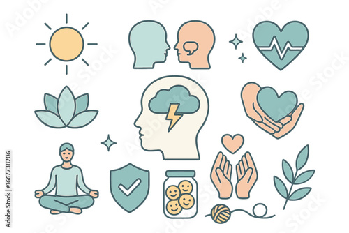 Mental health icon set for psychology and well-being. Vector symbols of anxiety, therapy, mindfulness, meditation, self care, support, emotional balance and positive thinking.