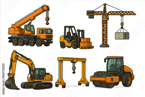 Heavy construction machinery set. Vector cartoon collection with mobile truck crane, forklift, tower crane, excavator, road roller, and gantry crane. Industrial vehicles illustration.