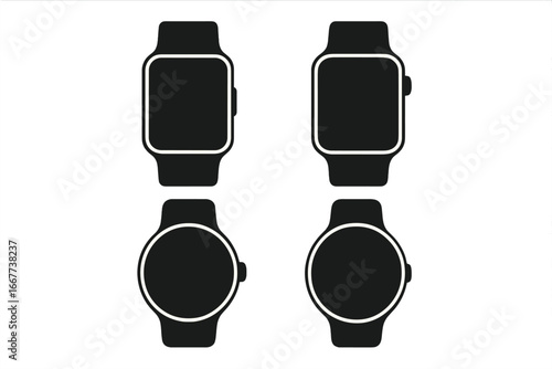 Smartwatch silhouette icon set. Wearable technology and digital watch icons collection. Vector smart watch mockups with round and square screens. Electronic gadget symbol.
