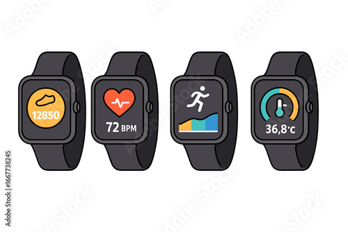 Smart wearable technology displaying fitness tracking and health monitoring features in a sleek modern design, vector cartoon smartwatch illustration on transparent background