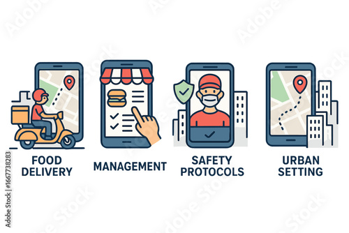 Food delivery service icon set. Concept of online order management, courier on scooter with map, safety protocols with face mask, and urban city logistics. Vector illustration.