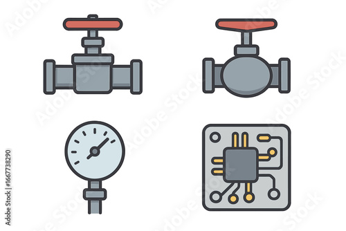 Industrial icon set. Mechanical engineering components. Pipeline gate valve, ball valve, pressure gauge, manometer. Electronic circuit board with microchip. Vector cartoon.