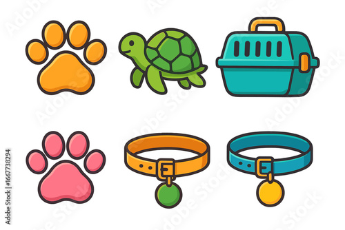 Colorful cartoon animal icons set with paw prints, turtles, pet carriers, collars, and vibrant pet symbols, playful vector illustration on transparent background, diverse pet elements