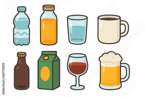 Various container shapes and types illustrating diverse liquids and beverages in minimalist style, including water, juice, coffee, beer, wine, and milk in cartoon vector illustration