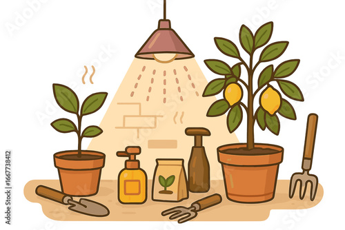 Indoor gardening with grow light for house plants. Lemon tree and seedling in pots with tools and fertilizer. Nurturing plants at home. Vector cartoon illustration concept.