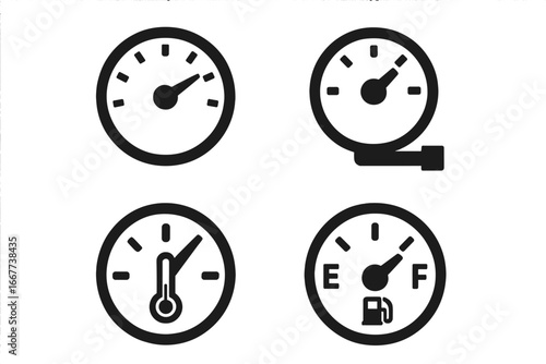Car dashboard gauge icon set. Speedometer, fuel, temperature, and pressure meter solid icons. Automotive vector collection. Vehicle instrument panel cartoon illustration.