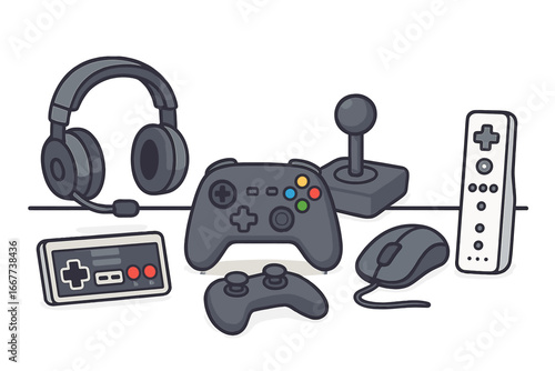 Various gaming controllers and accessories set, modern video game gamepads, joystick, headset, mouse, remote controller, cartoon vector illustration on transparent background, ordered set