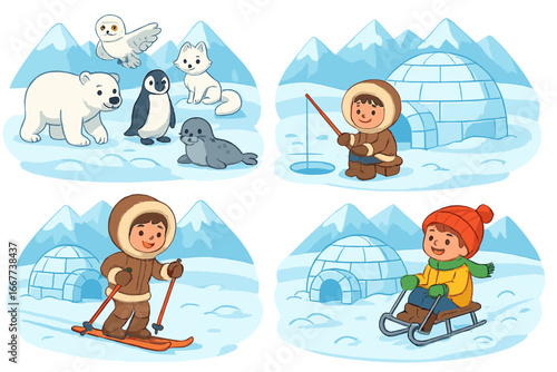 Set of cartoon illustrations. Arctic animals and winter activities. Eskimo kids skiing, sledding, ice fishing. Polar bear, penguin, fox, seal, owl and igloo. Vector clipart.