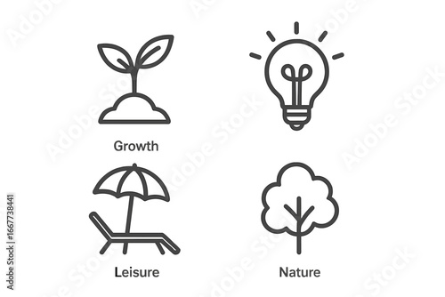 Minimalist vector icons set representing growth, creativity, leisure, and nature concepts with clean line art design for modern business and lifestyle illustrations
