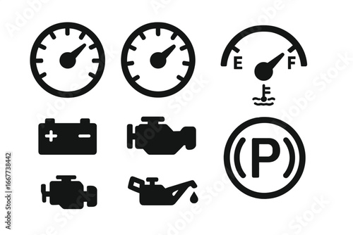 Car dashboard icons set. Automotive instrument panel symbols. Speedometer, fuel gauge, engine check, battery, oil pressure, and temperature warning light signs. Vector silhouette.