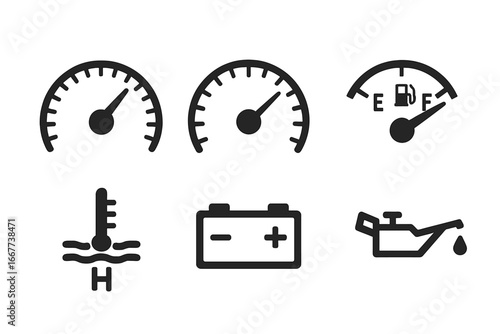 Car dashboard icon set. Speedometer, tachometer, fuel gauge, temperature, battery, and oil pressure warning light symbols. Automotive instrument panel indicators vector silhouette.