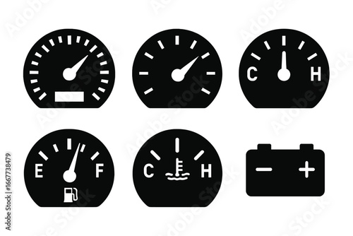 Car dashboard icon set with speedometer, fuel gauge, temperature meter and battery indicator. Automotive instrument panel elements. Vector silhouette illustration collection.