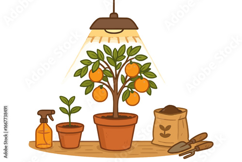 Indoor gardening concept with citrus tree under a grow light. Houseplant cultivation with tools, soil, and seedling. Urban farming and home garden hobby. Vector cartoon illustration.