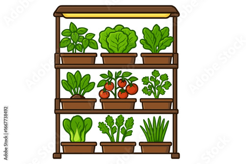 Indoor vertical garden system for growing fresh vegetables and herbs. Home farming with grow lights. Urban agriculture concept. Healthy organic food. Vector cartoon illustration.