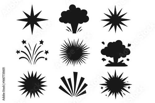 Explosion & starburst silhouette icon set. Vector collection of comic book boom, fireworks, bang, and dynamic spark effects. Graphic flash and energy burst elements.