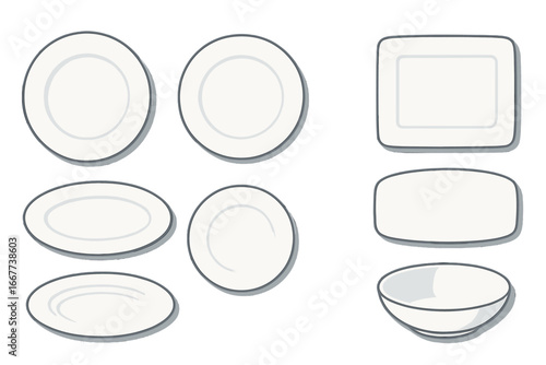 Various styles of plates and bowls arranged in a minimalist layout showcasing modern and classic dining tableware, vector cartoon illustration on transparent background, ordered set collection