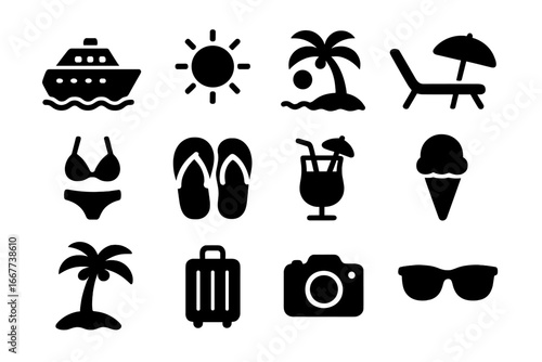Summer beach solid icon set. Cruise, relaxation, vacation illustrations collection. Travel, holiday, tropical tourism symbols. Sun, palm, boat, bikini, cocktail vector.