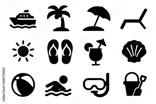 Summer beach solid icon set. Vacation, travel and holiday symbols. Cruise ship, palm tree, sun, cocktail, swimming, snorkeling and relaxation vector glyph illustrations.