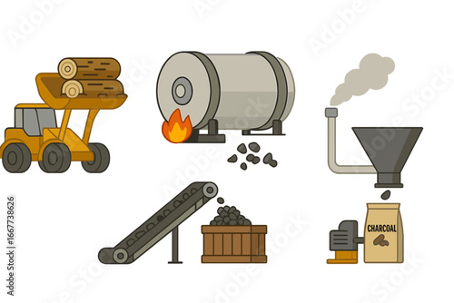 Charcoal production process vector icon set. Industrial manufacturing infographic with tractor, wood logs, kiln, conveyor belt, and packaging machinery. Fuel industry concept.
