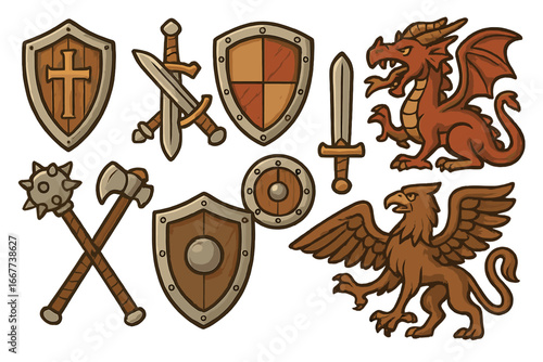Set of various medieval icons featuring shields, swords, axes, maces, and mythical creatures including dragons and griffins with artistic cartoon style vector illustration on transparent background