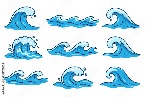 Various Water Wave Illustrations Showing Different Water Movements and Patterns, Cartoon Style Vector Graphics for Design and Education, Transparent Background